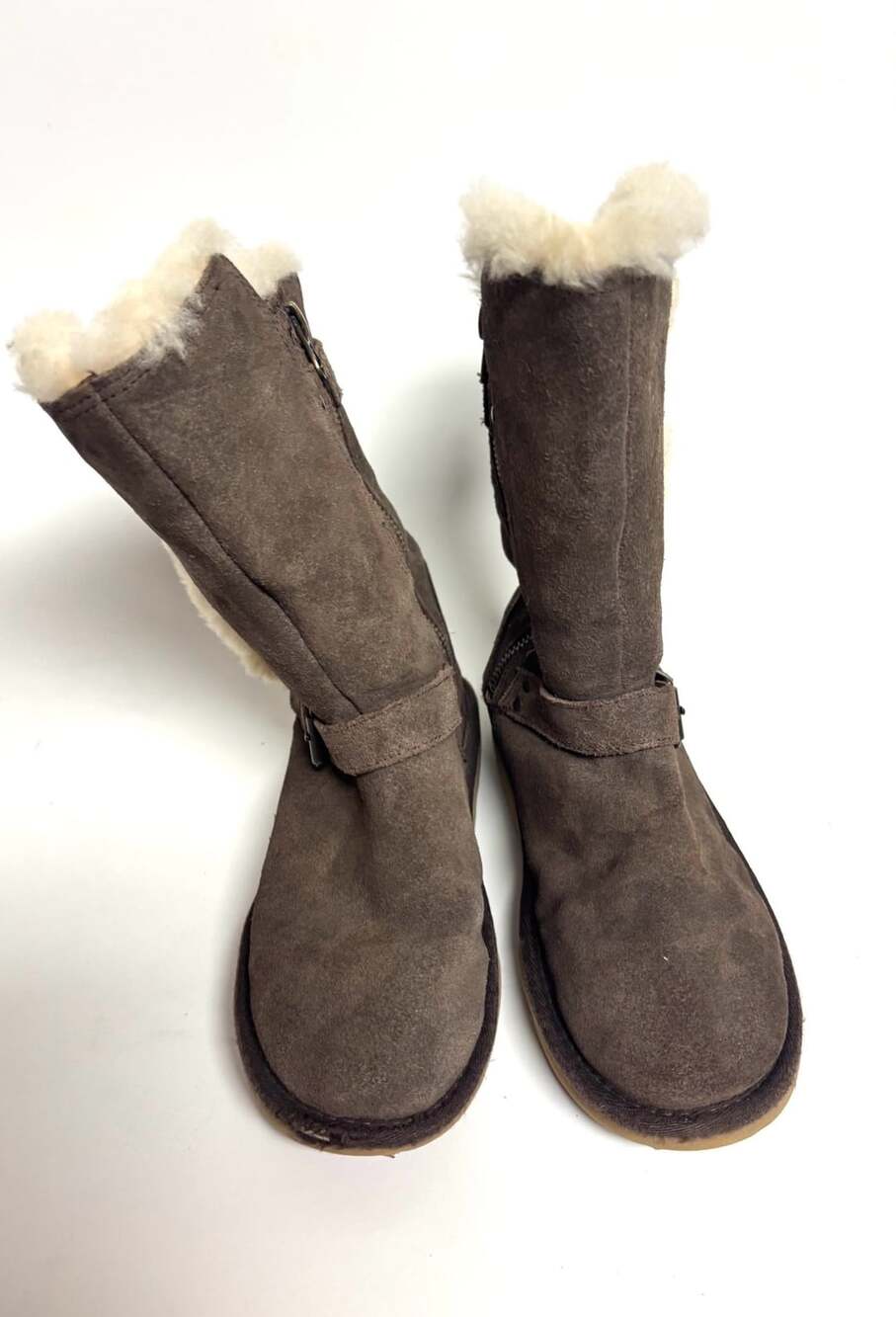 UGG Kids Boots Size 2 Brown Suede Double Buckle Cream Lined Side Zip
